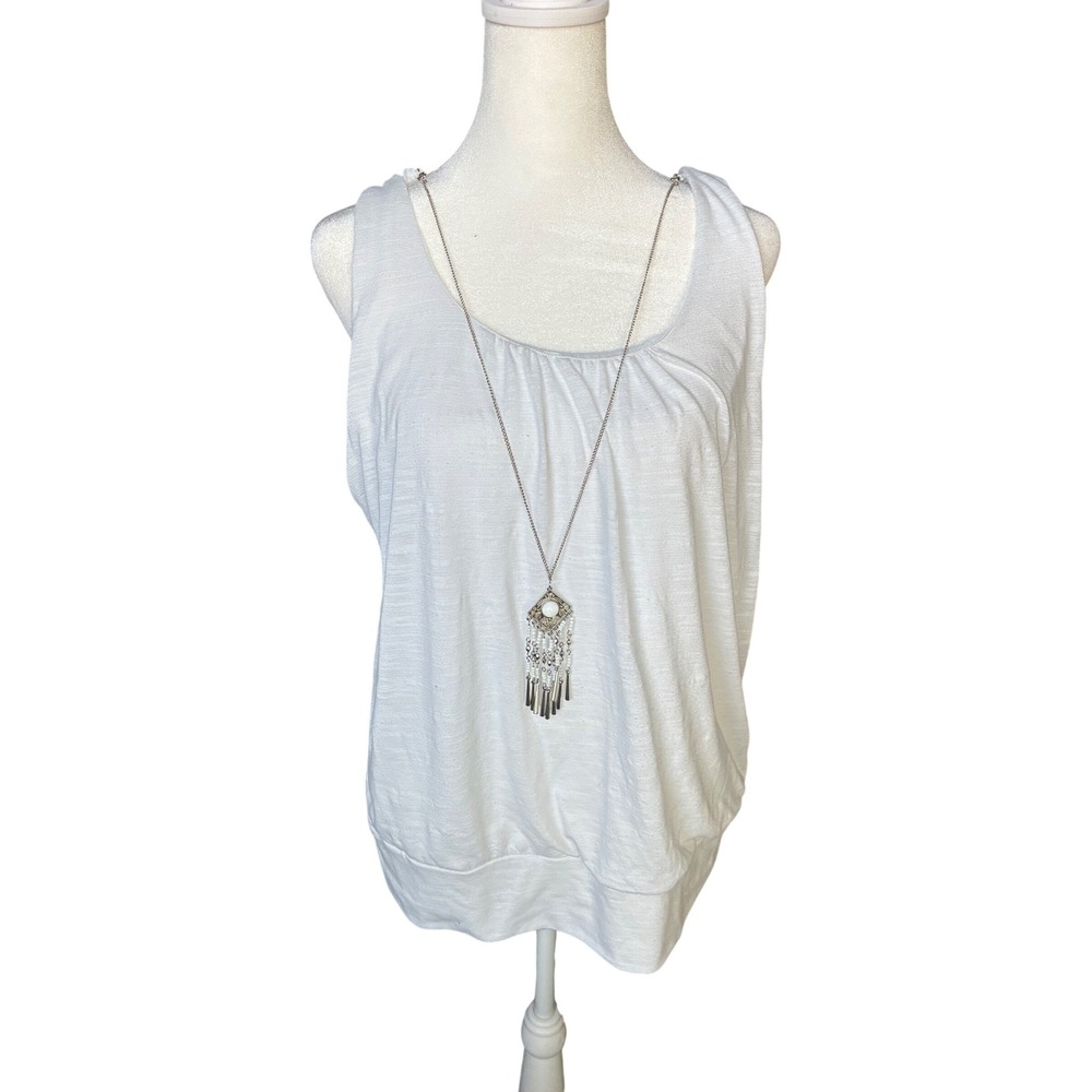 Alyx Womens White Sleeveless Bubble Hem Blouse with Removable Necklace Large